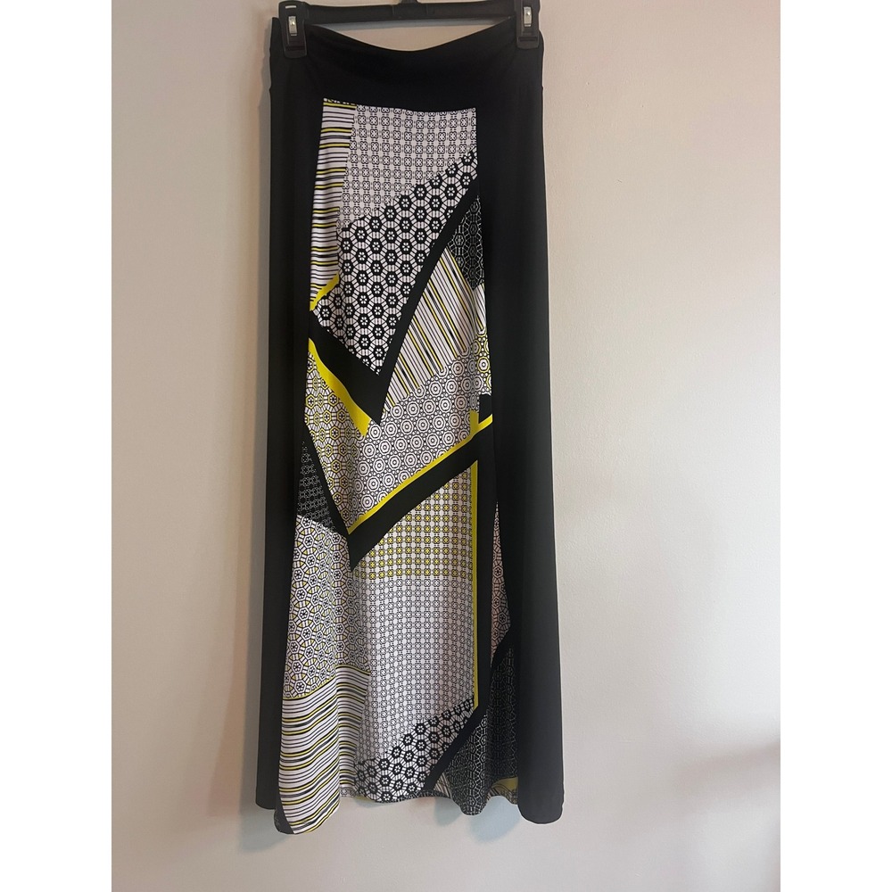 New Directions Womens Geometric Patchwork Maxi Skirt Black Yellow White Large